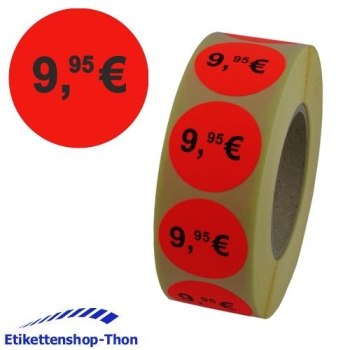 Aktionsetiketten - Durchmesser 30 mm - "9,95€" - 1000 Stück - Leuchtrot