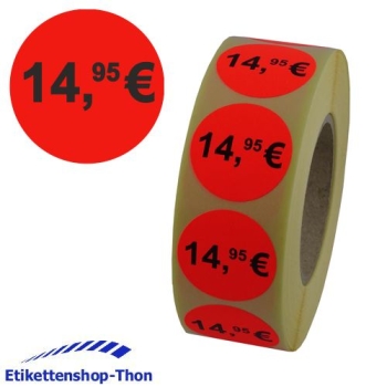 Aktionsetiketten - Durchmesser 30 mm - "14,95€" - 1000 Stück - Leuchtrot