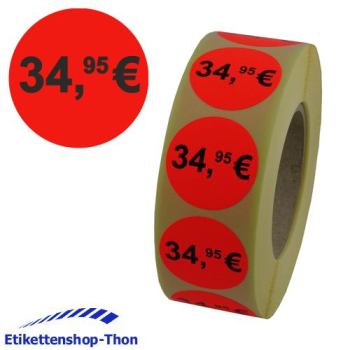 Aktionsetiketten - Durchmesser 30 mm - "34,95€" - 1000 Stück - Leuchtrot