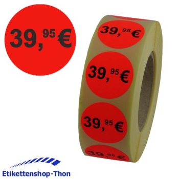 Aktionsetiketten - Durchmesser 30 mm - "39,95€" - 1000 Stück - Leuchtrot