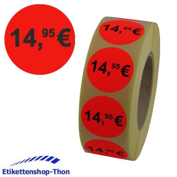 Aktionsetiketten - Durchmesser 30 mm - "14,95€" - 1000 Stück - Leuchtrot