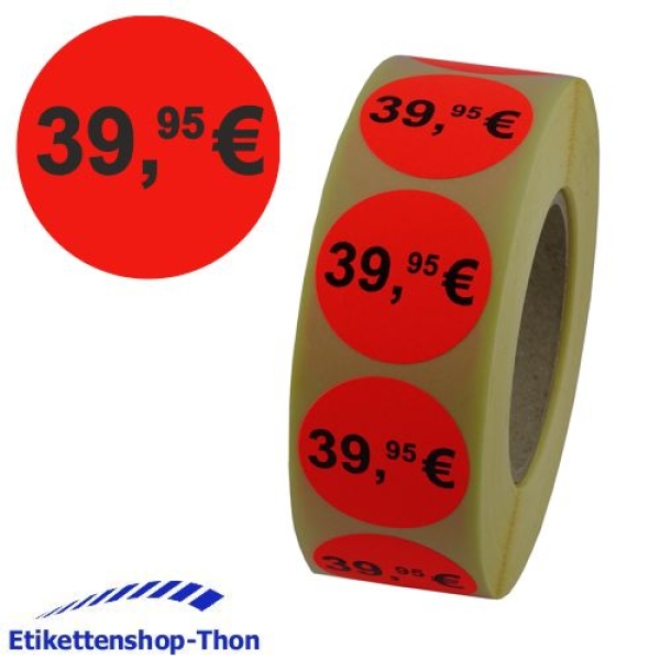 Aktionsetiketten - Durchmesser 30 mm - "39,95€" - 1000 Stück - Leuchtrot