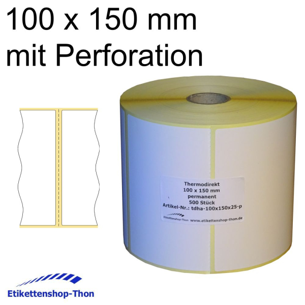 Thermodirekt - Haftetiketten auf Rolle mit Perforation - 100 x 150 mm - 500 Stück - Hülse 50 mm - permanent haftend - weiß - außen