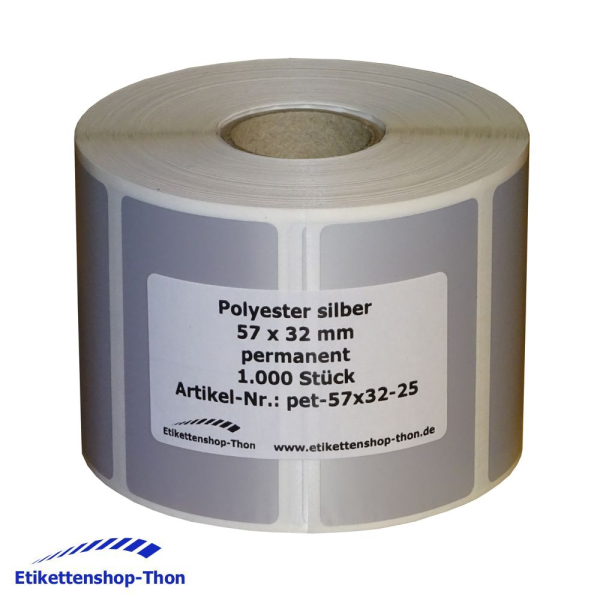 Polyesteretiketten - 57 x 32 mm - 1000 Stück - silber - Hülse 25 mm